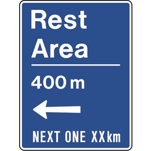 Rest Area _00 m <-- Next One __ km